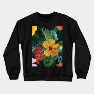 Colorful tropical flowers and leaves. Hibiscus flower, Palm leaves vibrant summer exotic print. Crewneck Sweatshirt